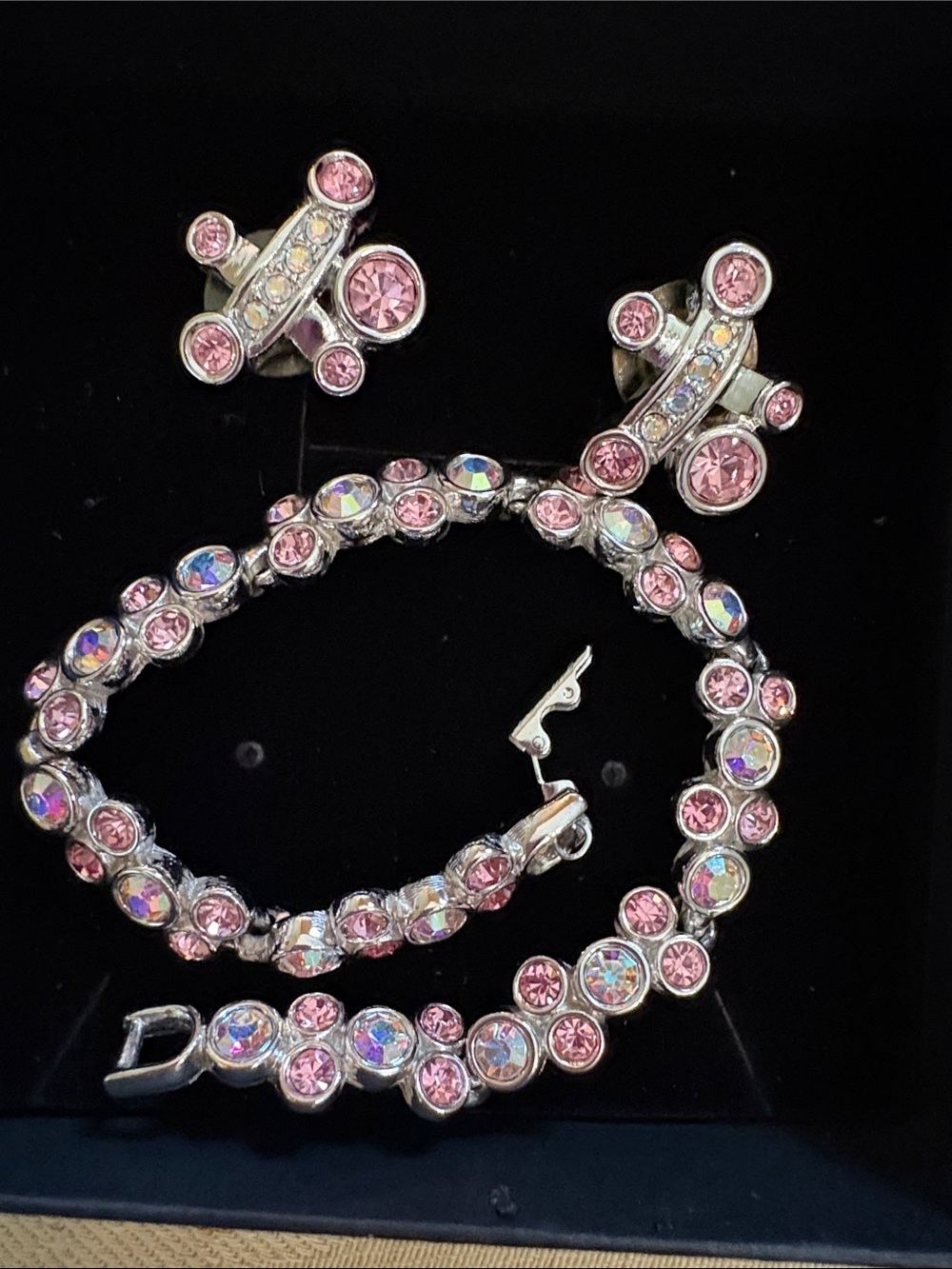 7.5” Pink Crystal Link Bracelet - Women's Sparkling Bracelet and Earrings